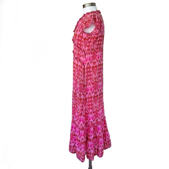 LA PLAGE Mallory Short Sleeve Tiered Maxi Dress XS Pink Red Woodblock Resort - Picture 3 of 9